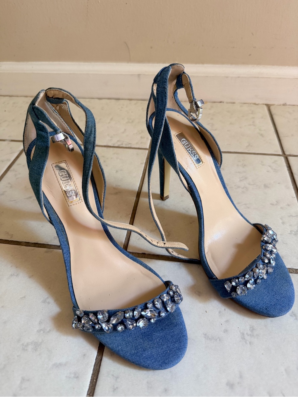 GUESS Denim Blue Jeweled Ankle-Strap High Heels